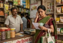 महंगाई की दोहरी मार: जानिए क्यों बिगड़ रहा है आपकी रसोई का बजट और आने वाले दिनों में क्या होंगे हालात भारतीय किराना दुकान में बिल और सीमित पैसे देखकर चिंता में खड़ी महिला, महंगाई और बिगड़ते बजट को दर्शाती तस्वीर