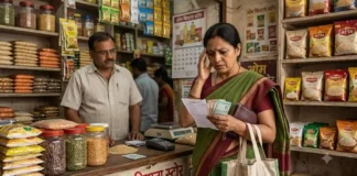 महंगाई की दोहरी मार: जानिए क्यों बिगड़ रहा है आपकी रसोई का बजट और आने वाले दिनों में क्या होंगे हालात भारतीय किराना दुकान में बिल और सीमित पैसे देखकर चिंता में खड़ी महिला, महंगाई और बिगड़ते बजट को दर्शाती तस्वीर