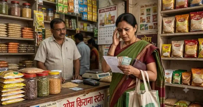 भारतीय किराना दुकान में बिल और सीमित पैसे देखकर चिंता में खड़ी महिला, महंगाई और बिगड़ते बजट को दर्शाती तस्वीर