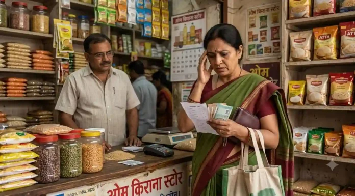 महंगाई की दोहरी मार: जानिए क्यों बिगड़ रहा है आपकी रसोई का बजट और आने वाले दिनों में क्या होंगे हालात भारतीय किराना दुकान में बिल और सीमित पैसे देखकर चिंता में खड़ी महिला, महंगाई और बिगड़ते बजट को दर्शाती तस्वीर