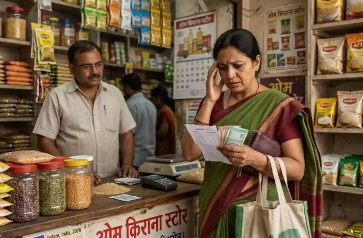 महंगाई की दोहरी मार: जानिए क्यों बिगड़ रहा है आपकी रसोई का बजट और आने वाले दिनों में क्या होंगे हालात भारतीय किराना दुकान में बिल और सीमित पैसे देखकर चिंता में खड़ी महिला, महंगाई और बिगड़ते बजट को दर्शाती तस्वीर